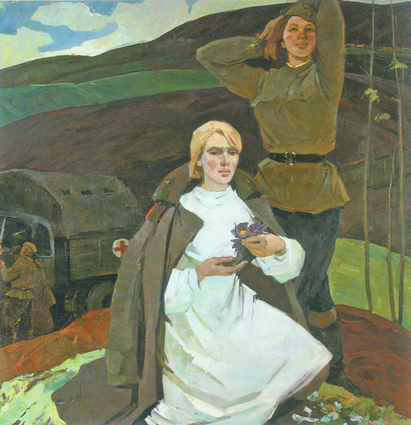 Вясна. 1945 год (1970). Крыніца ілюстрацыі: Раіса Кудрэвіч [Выяўленчы матэрыял] = Раиса Кудревич = Raisa Kudrevich : [альбом / аўтар тэксту і складальнік: В. І. Вайцахоўская [г. зн. В. У. Вайцэхоўская] ; пераклад на англійскую мову: А. В. Валасач]. – Мінск, 2017. – С. 63.