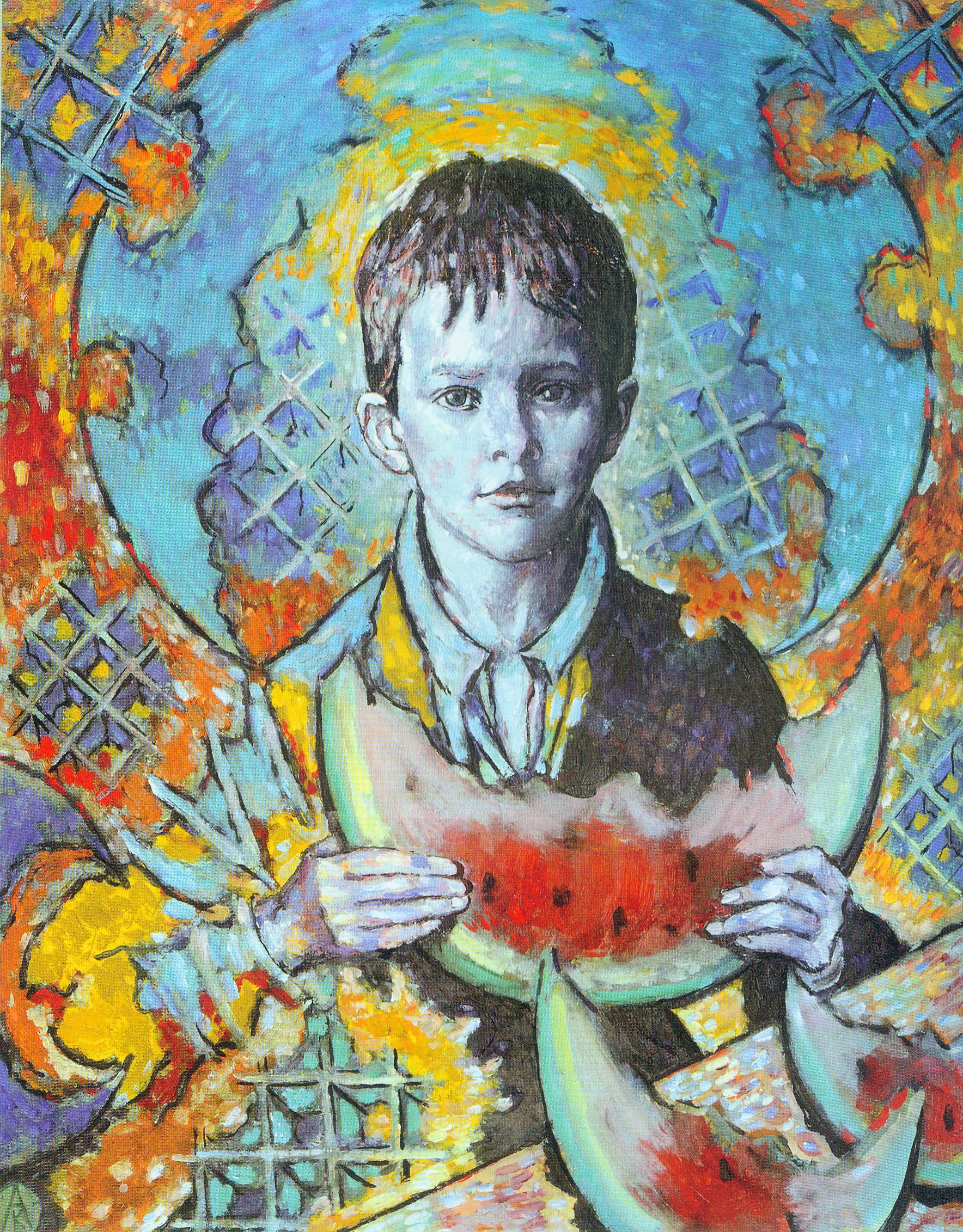 Максим с арбузом (1996). Источник иллюстрации: Александр Кищенко = Аляксандр Кішчанка = Alexander Kischenko : летописец XX столетия / [составители: Л. Ф. Анцух, Н. В. Кухаренко-Кищенко ; авторы текстов: Л. Д. Наливайко, Е. Ф. Шунейко, Б. А. Крепак ; научный редактор Е. Ф. Шунейко ; переводы: В. В. Ржеуцкая, Л. Ф. Анцух, М. Кроули ; предисловие С. Н. Румаса]. – Минск, 2015. – С. 259.