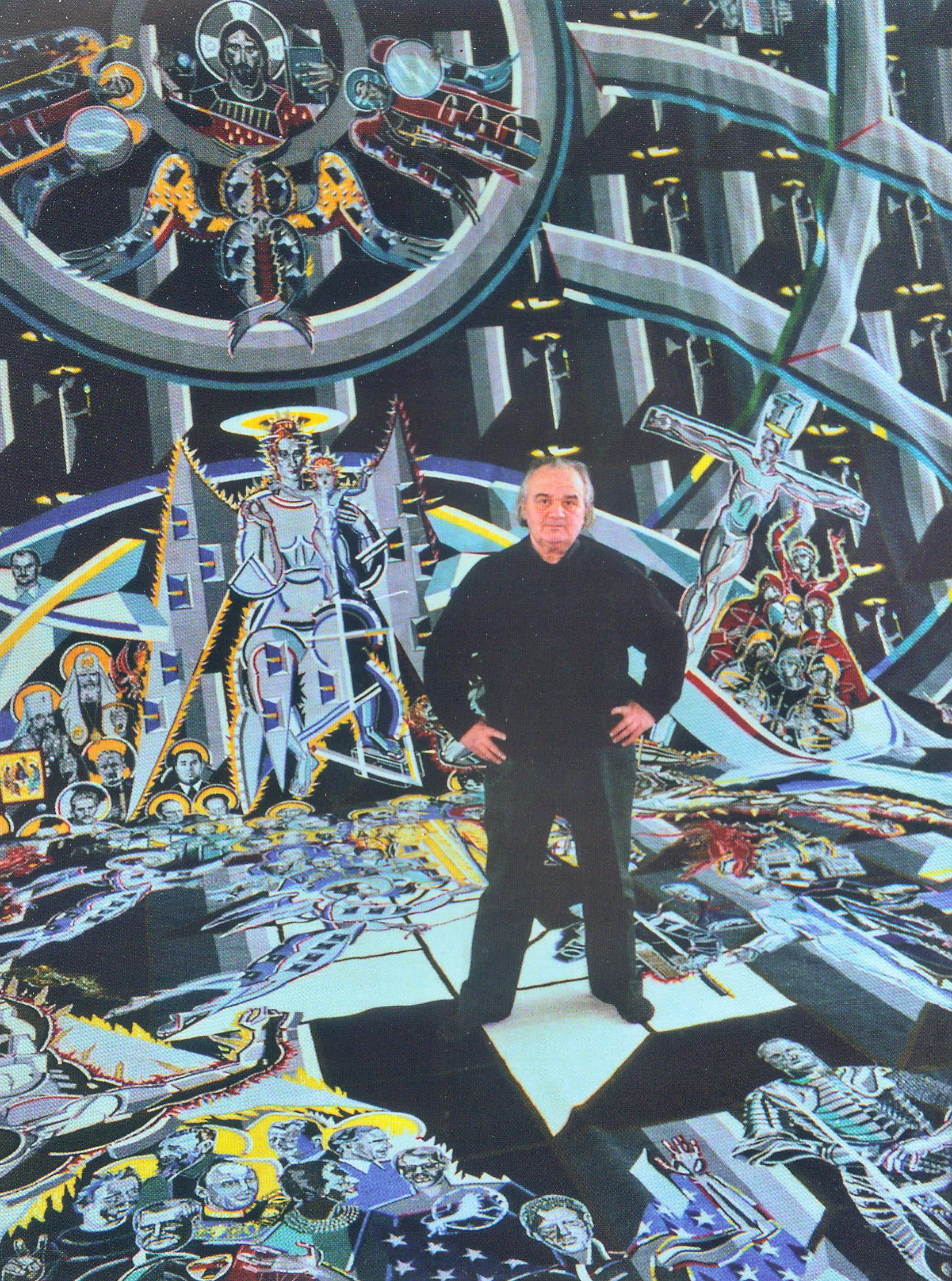 Александр Кищенко на "Гобелене века" (1995). Источник иллюстрации: Александр Кищенко = Аляксандр Кішчанка = Alexander Kischenko : летописец XX столетия / [составители: Л. Ф. Анцух, Н. В. Кухаренко-Кищенко ; авторы текстов: Л. Д. Наливайко, Е. Ф. Шунейко, Б. А. Крепак ; научный редактор Е. Ф. Шунейко ; переводы: В. В. Ржеуцкая, Л. Ф. Анцух, М. Кроули ; предисловие С. Н. Румаса]. – Минск, 2015. – С. 281.