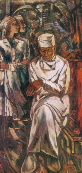 Малишевский А. "Хирург. После операции" (1971). Источник иллюстрации: Альгерт Адамович Малишевский. Неустанный поиск : [альбом репродукций] / [О. Г. Ойстрах]. – Москва : Советский художник, 1979. – 19 с.