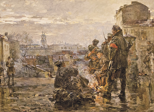 Раніца ў Кастрычніку. Мінск, 1917 год (1955–1957). Крыніца ілюстрацыі: Натан  Воранаў = Натан Воронов = Natan Voranau : [альбом / аўтар тэксту і складальнік Н. Л. Сяліцкая]. – Мінск, 2016. – С. 49. 