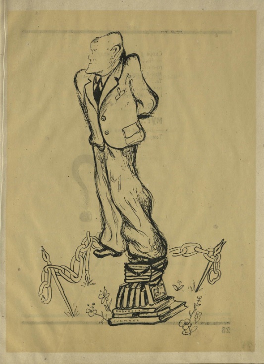 Сяброўскі шарж на Максіма Лужаніна. Крыніца ілюстрацыі: Ха : [пародыі і шаржы] / пародыі Сабасцяна Старобінскага ; шаржы Дэ Вэ Бэкі. – Менск [Мінск] : ЛіМ ДВБ, [1932?] (Гомель : Палесдрук). – С. 25. 