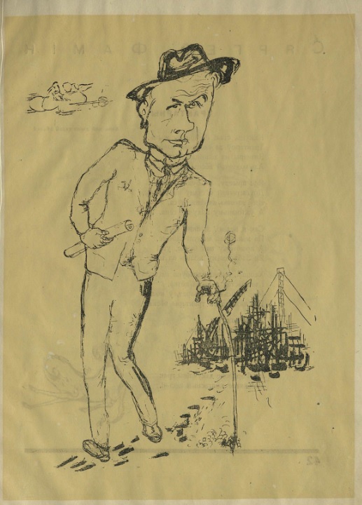 Сяброўскі шарж на Уладзіміра Хадыку. Крыніца ілюстрацыі: Ха : [пародыі і шаржы] / пародыі Сабасцяна Старобінскага ; шаржы Дэ Вэ Бэкі. – Менск [Мінск] : ЛіМ ДВБ, [1932?] (Гомель : Палесдрук). – С. 41. 