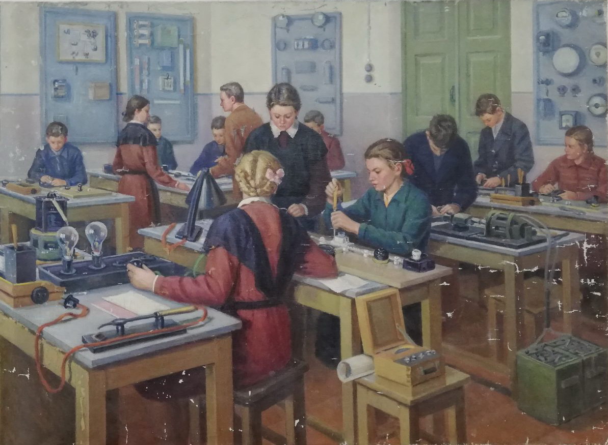 У школьнай майстэрні (1960). Крыніца ілюстрацыі: https://www.bobrlife.by/news/stranicy-istorii-hudozhestvennoj-zhizni-bobrujska-abram-ostrovskij-istoriya-hudozhnika-i-cheloveka/