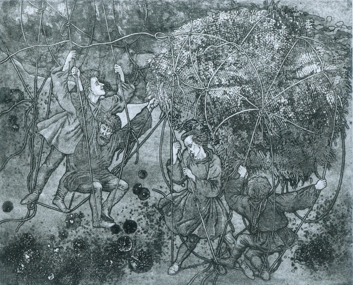 "Полёты" (1987). Источник иллюстрации: Слаук. Графика : [авторский каталог / предисловие С. Харевского ; послесловие В. Слаука]. – [Минск, 2017]. – С. 33.