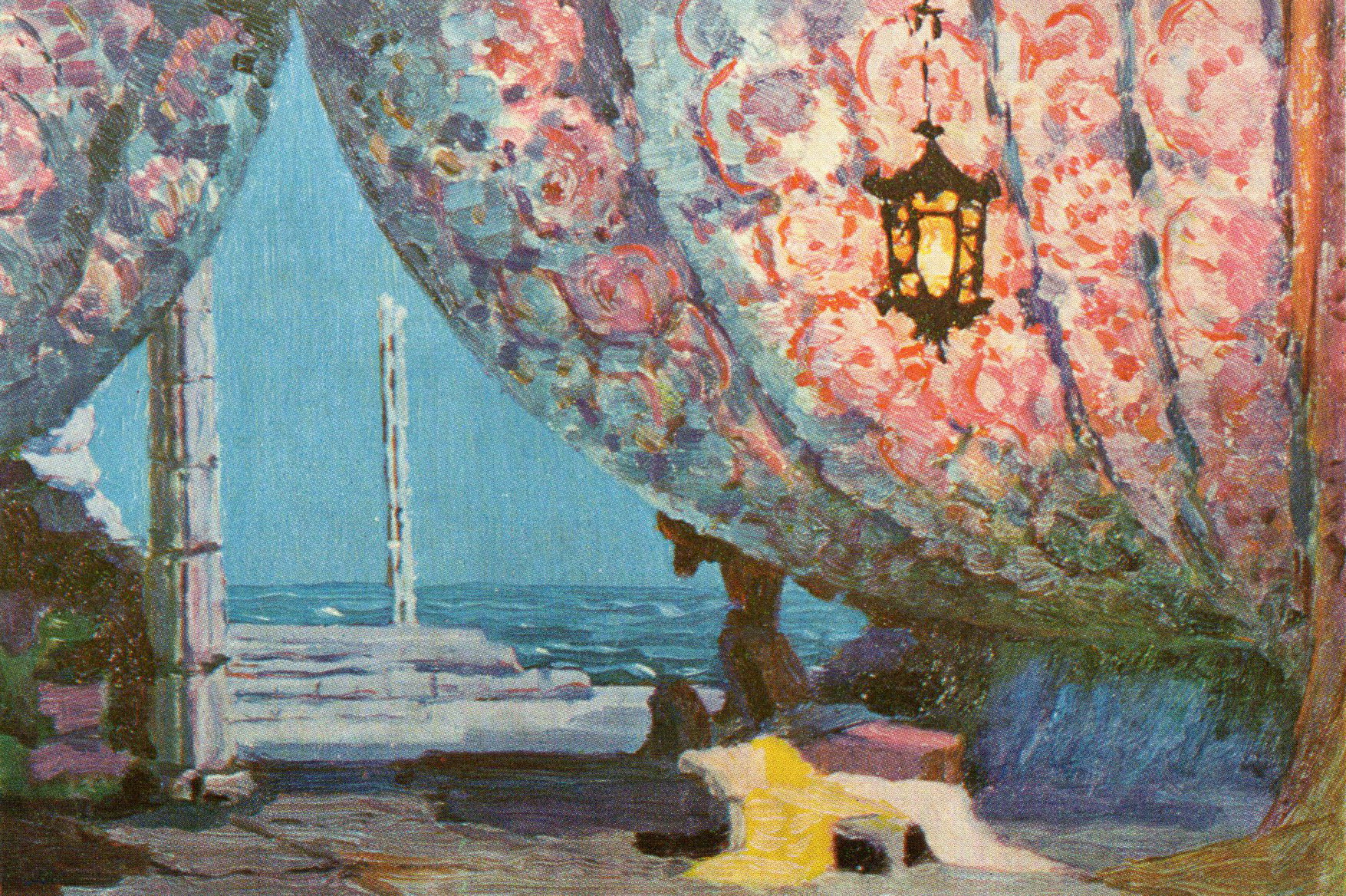 Эскіз дэкарацый да балета А. Адана "Карсар" (1957). Крыніца ілюстрацыі: Павел Васільевіч Масленікаў : [беларускі тэатральны мастак] / П. А. Карнач. – Мінск, 1973. – С. 38.