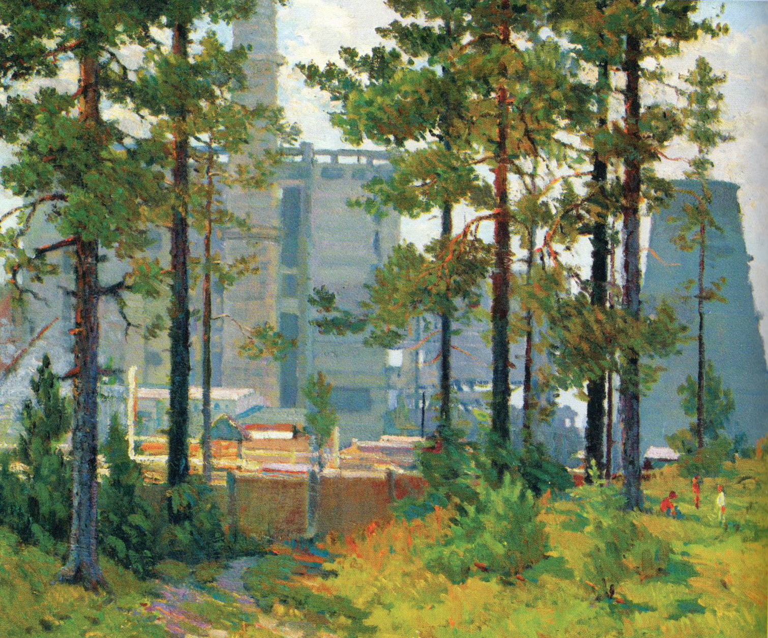 На ўскраіне Мінска (1963). Крыніца ілюстрацыі: Павел Масленікаў = Павел Маслеников = Pavel Maslenikau : [альбом / аўтар тэксту і складальнік В. П. Пракапцова ; пераклад на англійскую мову А. В. Валасач]. – Мінск, 2013. – С. 40.