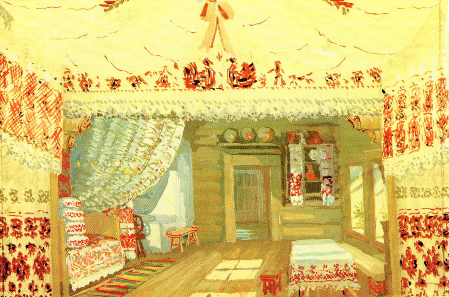 Эскіз дэкарацыі да п'есы В. Дуніна-Марцінкевіча "Пінская шляхта" (1954). Крыніца ілюстрацыі: Павел Масленікаў = Павел Маслеников = Pavel Maslenikau : [альбом / аўтар тэксту і складальнік В. П. Пракапцова ; пераклад на англійскую мову А. В. Валасач]. – Мінск, 2013. – С. 71.