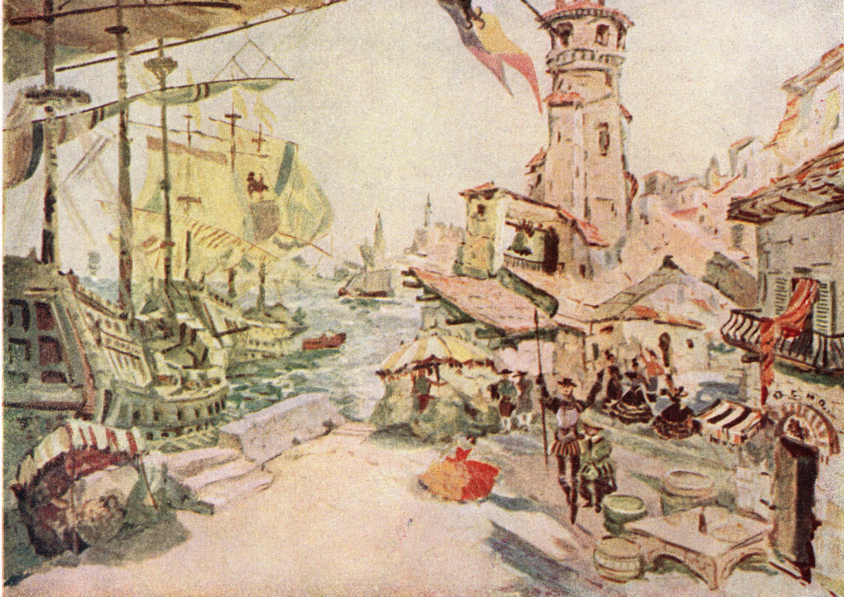 Эскіз дэкарацыі да балета Л. Мінкуса "Дон-Кіхот" (1950). Крыніца ілюстрацыі: Тэатральна-дэкарацыйнае мастацтва Савецкай Беларусі : [альбом / Інстытут мастацтвазнаўства, этнаграфіі і фальклору Акадэміі навук БССР, Беларускае тэатральнае аб'яднанне ; складальнік і аўтар тэксту Г. І. Барышаў ; пад рэдакцыяй П. В. Масленікава]. – Мінск, 1958.