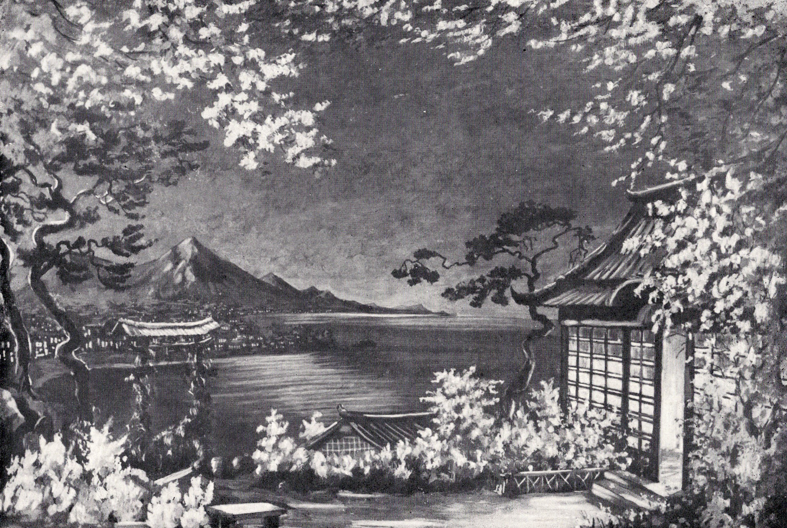 Эскіз дэкарацыі да оперы Д. Пучыні "Чыо-Чыо-Сан" (1953). Крыніца ілюстрацыі: Тэатральна-дэкарацыйнае мастацтва Савецкай Беларусі : [альбом / Інстытут мастацтвазнаўства, этнаграфіі і фальклору Акадэміі навук БССР, Беларускае тэатральнае аб'яднанне ; складальнік і аўтар тэксту Г. І. Барышаў ; пад рэдакцыяй П. В. Масленікава]. – Мінск, 1958.