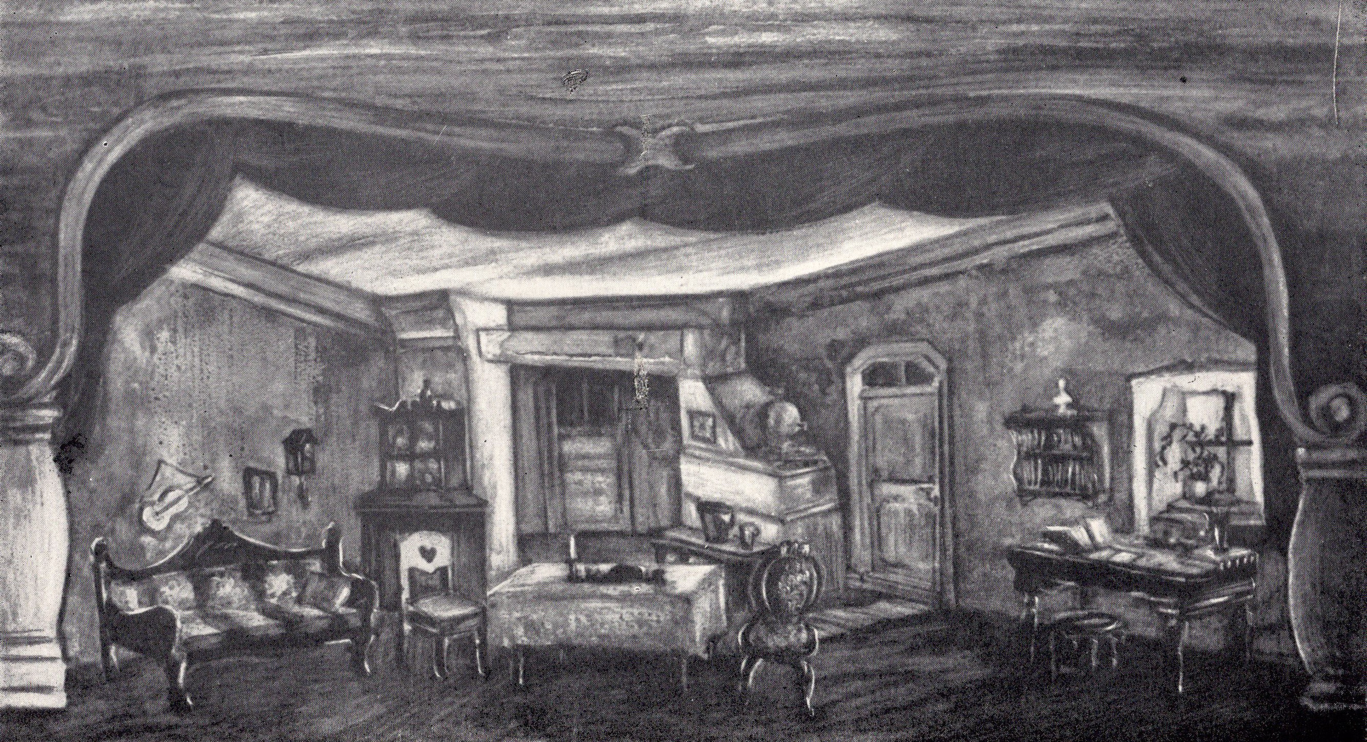 Эскіз дэкарацыі да п'есы А. Астроўскага "Працоўны хлеб" (1946). Крыніца ілюстрацыі: Тэатральна-дэкарацыйнае мастацтва Савецкай Беларусі : [альбом / Інстытут мастацтвазнаўства, этнаграфіі і фальклору Акадэміі навук БССР, Беларускае тэатральнае аб'яднанне ; складальнік і аўтар тэксту Г. І. Барышаў ; пад рэдакцыяй П. В. Масленікава]. – Мінск, 1958.