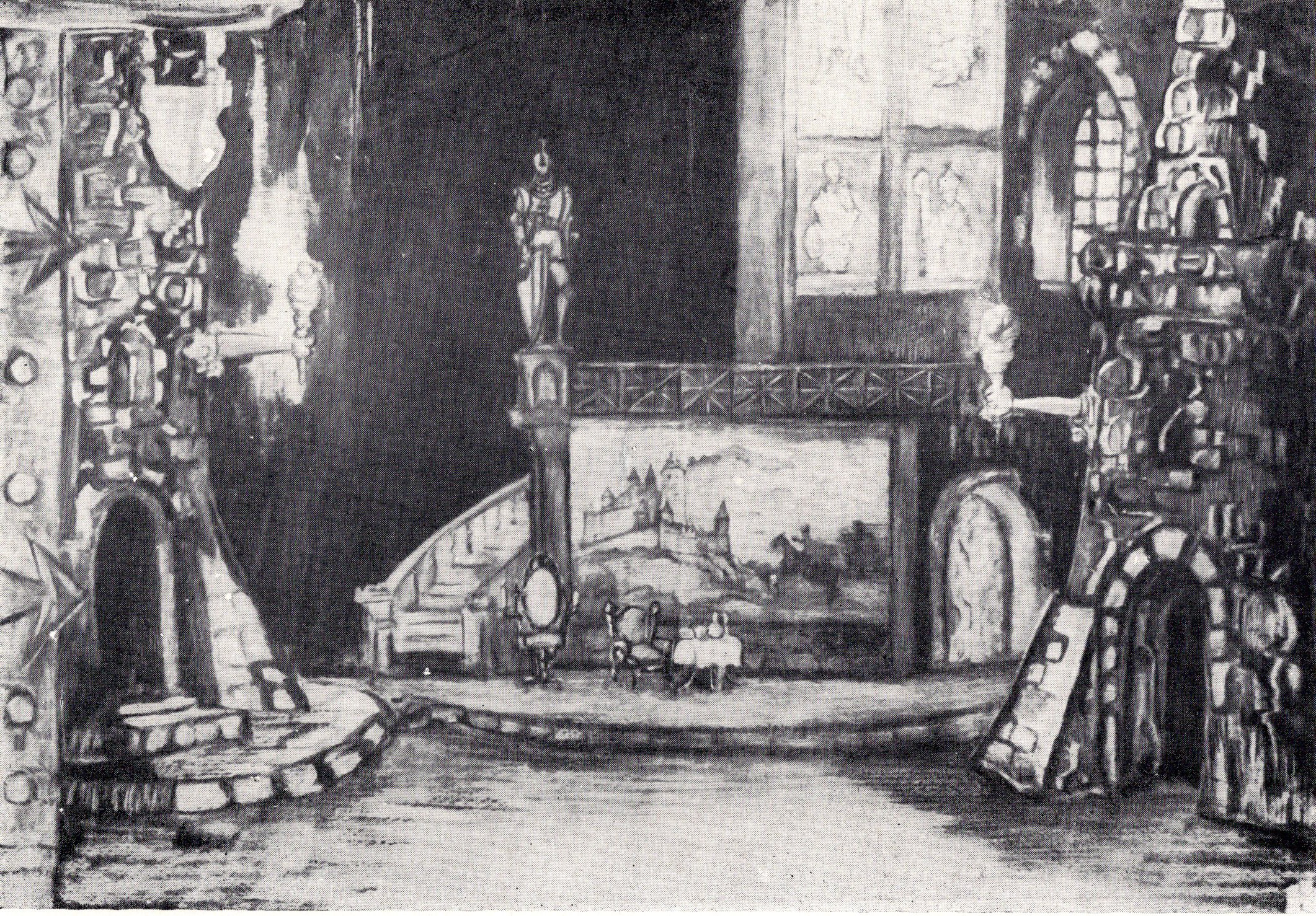 Эскіз дэкарацыі да драмы М. Лермантава "Іспанцы" (1956). Крыніца ілюстрацыі: Тэатральна-дэкарацыйнае мастацтва Савецкай Беларусі : [альбом / Інстытут мастацтвазнаўства, этнаграфіі і фальклору Акадэміі навук БССР, Беларускае тэатральнае аб'яднанне ; складальнік і аўтар тэксту Г. І. Барышаў ; пад рэдакцыяй П. В. Масленікава]. – Мінск, 1958.