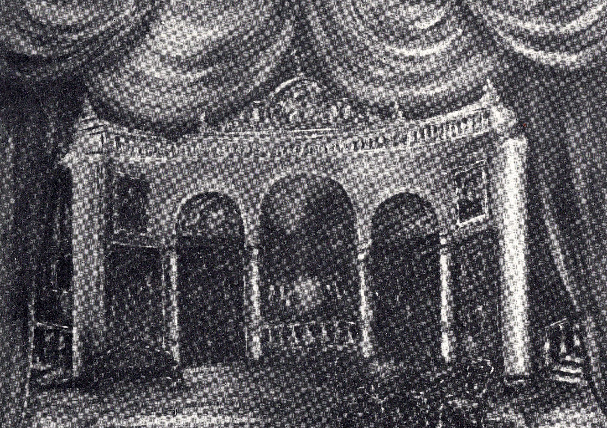 Эскіз дэкарацыі да камедыі А. Фрэдра "Дамы і гусары" (1957). Крыніца ілюстрацыі: Тэатральна-дэкарацыйнае мастацтва Савецкай Беларусі : [альбом / Інстытут мастацтвазнаўства, этнаграфіі і фальклору Акадэміі навук БССР, Беларускае тэатральнае аб'яднанне ; складальнік і аўтар тэксту Г. І. Барышаў ; пад рэдакцыяй П. В. Масленікава]. – Мінск, 1958.