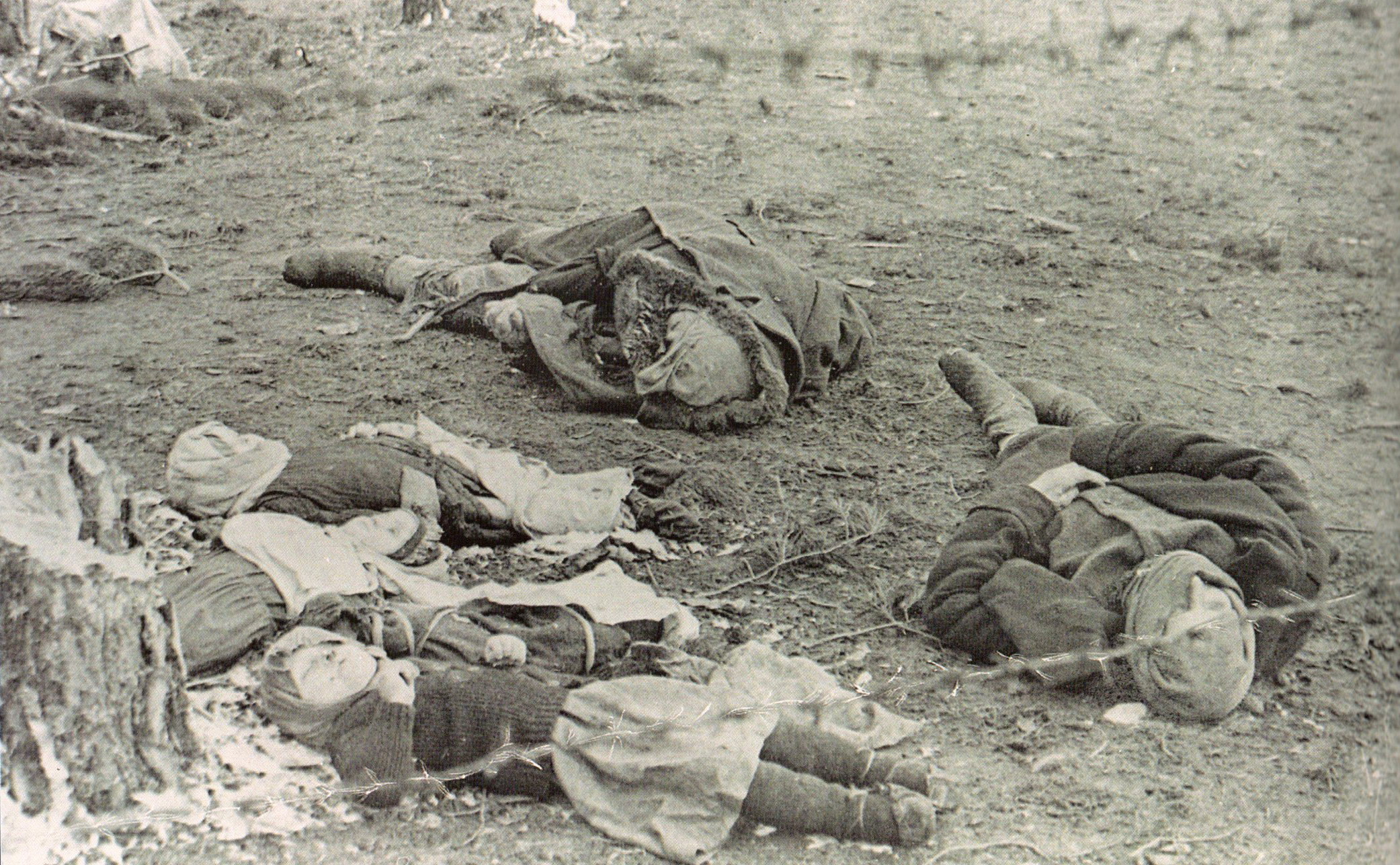 Трупы мирных граждам, умерших от голода и болезней в лагере смерти около деравни Озаричи (19.03.1944).  Источник иллюстрации: Озаричи – дорога смерти = Ozarichi – the road of death = Osaritschi – der weg des todes : мемориальный комплекс узникам Озаричского лагеря смерти / Н. А. Яцкевич, З. Н. Хлебовец, М. Г. Никитин. – Минск, 2020. – С. 48. 