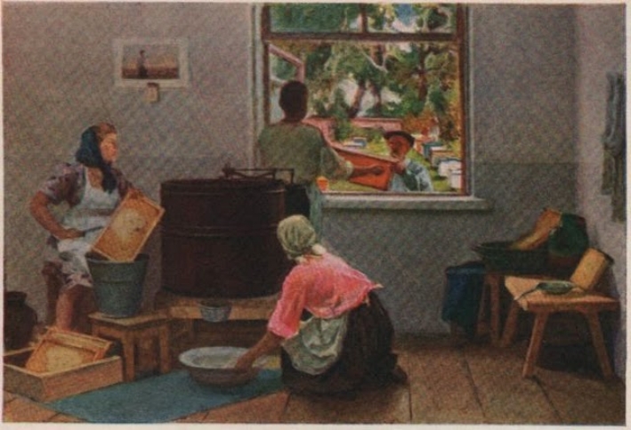 "На калгаснай пасецы" (1950). Крыніца ілюстрацыі: Касмачоў Канстанцін Міхайлавіч / М. І. Ганчароў. – Мінск : Беларусь, 1970. – 33 с.
