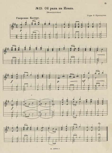 Обработка белорусской народной песни "Ой рана на Івана". Источник иллюстрации: 15 песен народов СССР [Ноты] / Н. Лукавихин ; переложение для балалайки соло. – Москва, 1932. – С. 15.