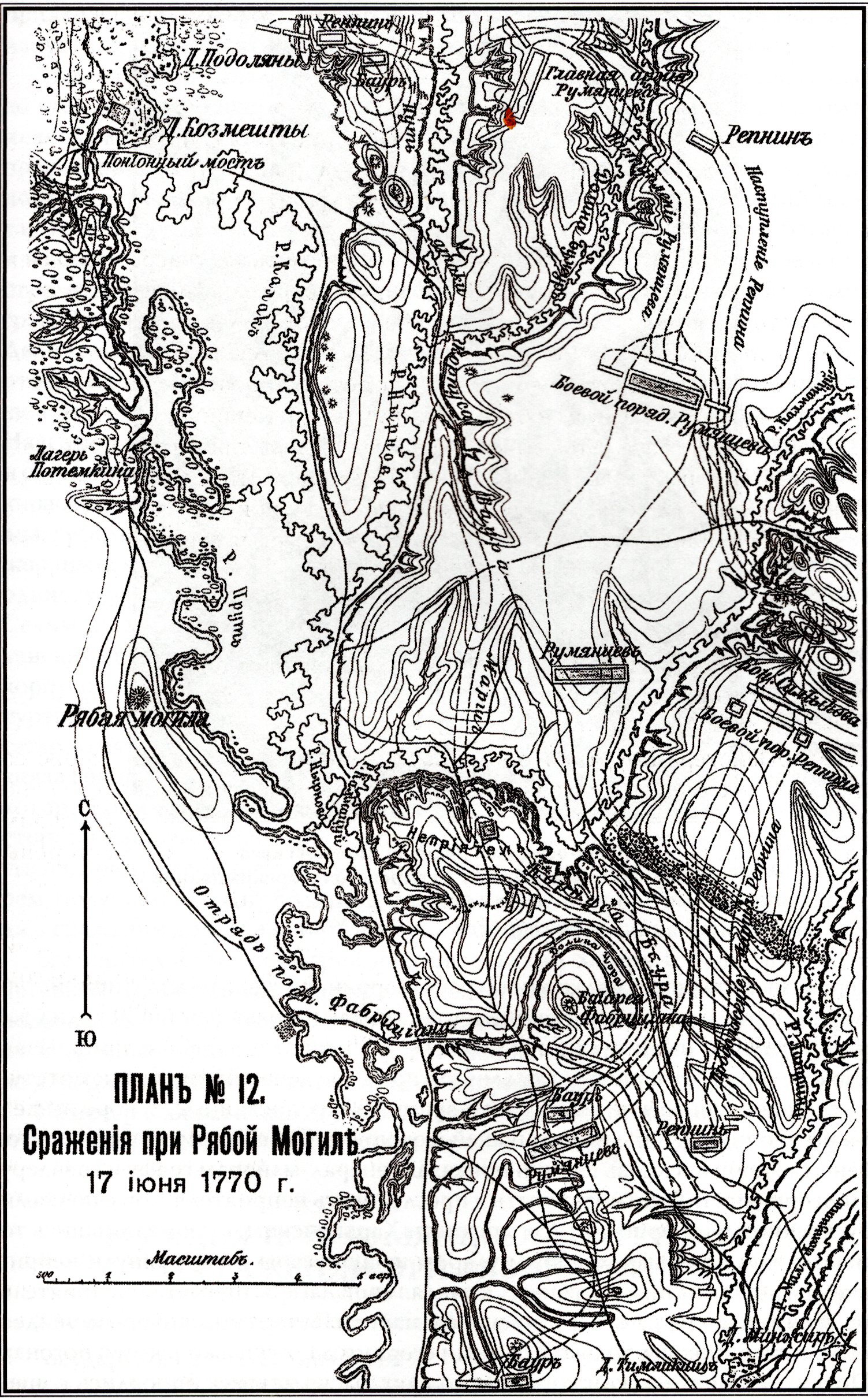 План сражения у Рябой Могилы 17(28) июня 1770 г. Источник иллюстрации: Великая и Малая Россия : труды и дни фельдмаршала / П. А. Румянцев-Задунайский. – Москва, 2014. – С. 143.
