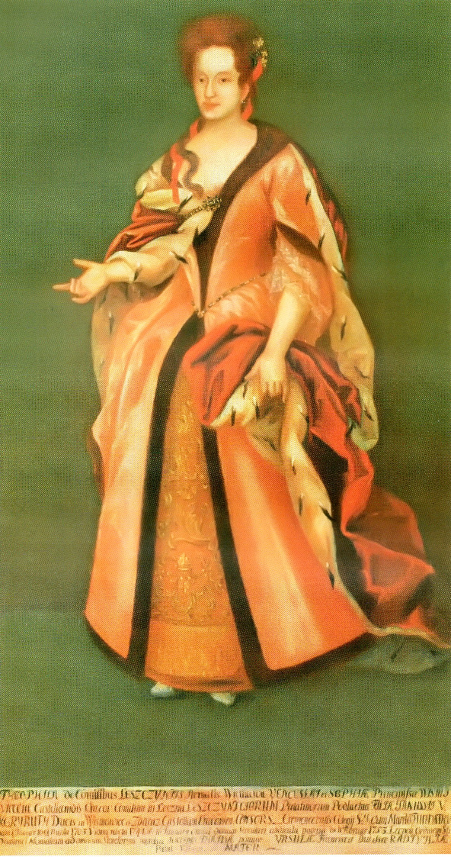 Портрет Теофилии из рода Лещинских, Княгини Вишневецкой (1681–1741), матери Франтишки Урсулы. Источник иллюстрации: Радзивиллы. Несвиж. Замок [Изоматериал] / Н. Ф. Высоцкая ; [редколлегия: Т. Габрусь и др. ; художник Г. И. Мацур]. – Минск, 2014. – С. 221. 