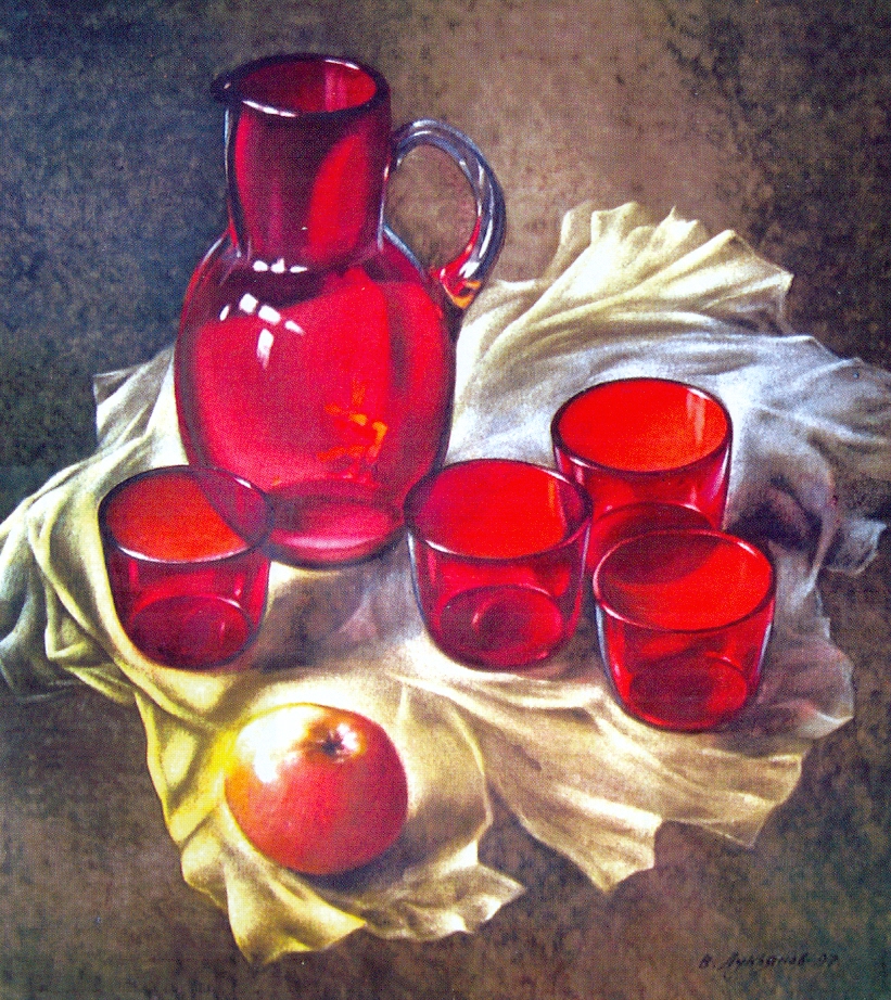 В. Лук'янаў. Чырвоны нацюрморт, 1997. Крыніца ілюстрацыі: Саюз творцаў = A union of creators : [альбом / Віцебская арганізацыя Беларускага саюза мастакоў ; укладальнік і аўтар тэксту М. Цыбульскі]. – Мінск, 2005. – С. 83.