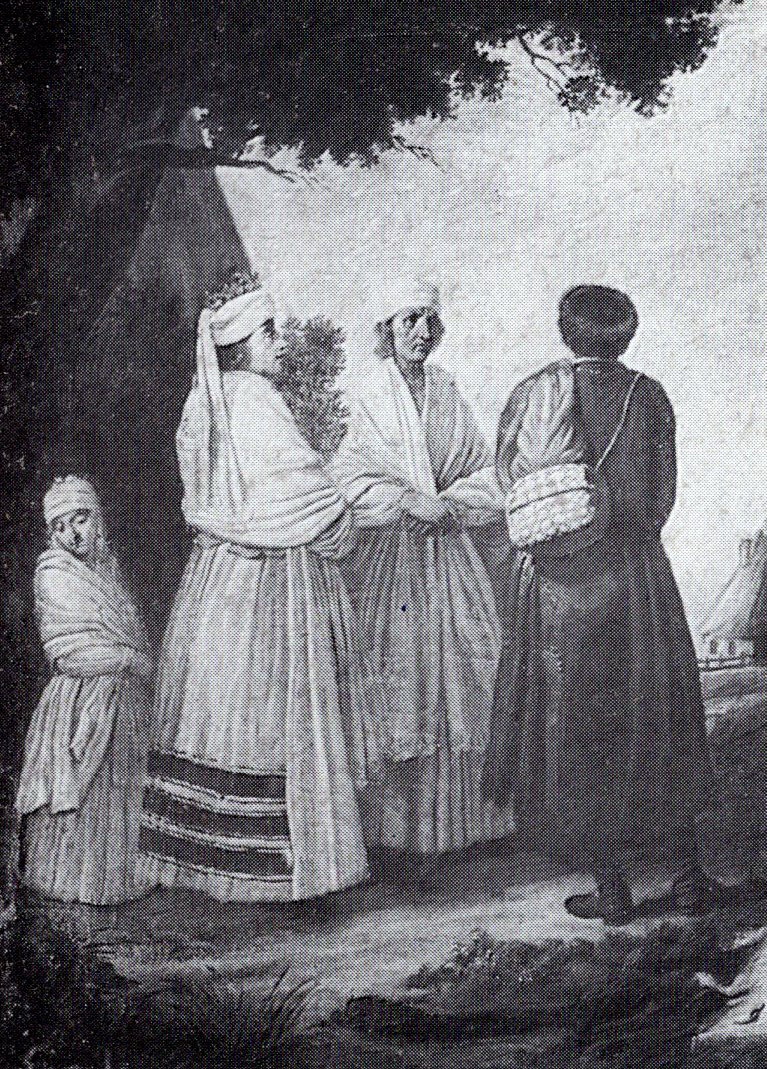 Крестьяне в национальных костюмах. Источник иллюстрации: Живопись Белоруссии XIX – начала XX в. / Л. Н. Дробов ; под редакцией А. И. Мальдиса. – Минск, 1974. – С. 18. 