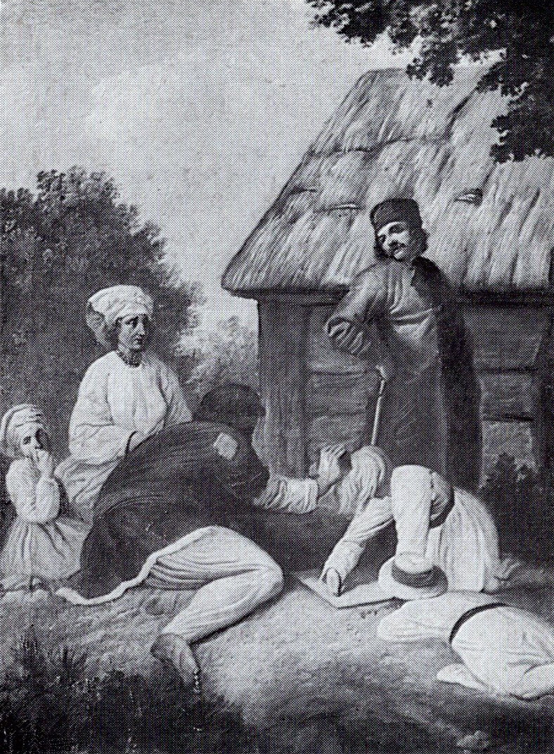 Сцена из крестьянской жизни. Источник иллюстрации: Живопись Белоруссии XIX – начала XX в. / Л. Н. Дробов ; под редакцией А. И. Мальдиса. – Минск, 1974. – С. 18. 