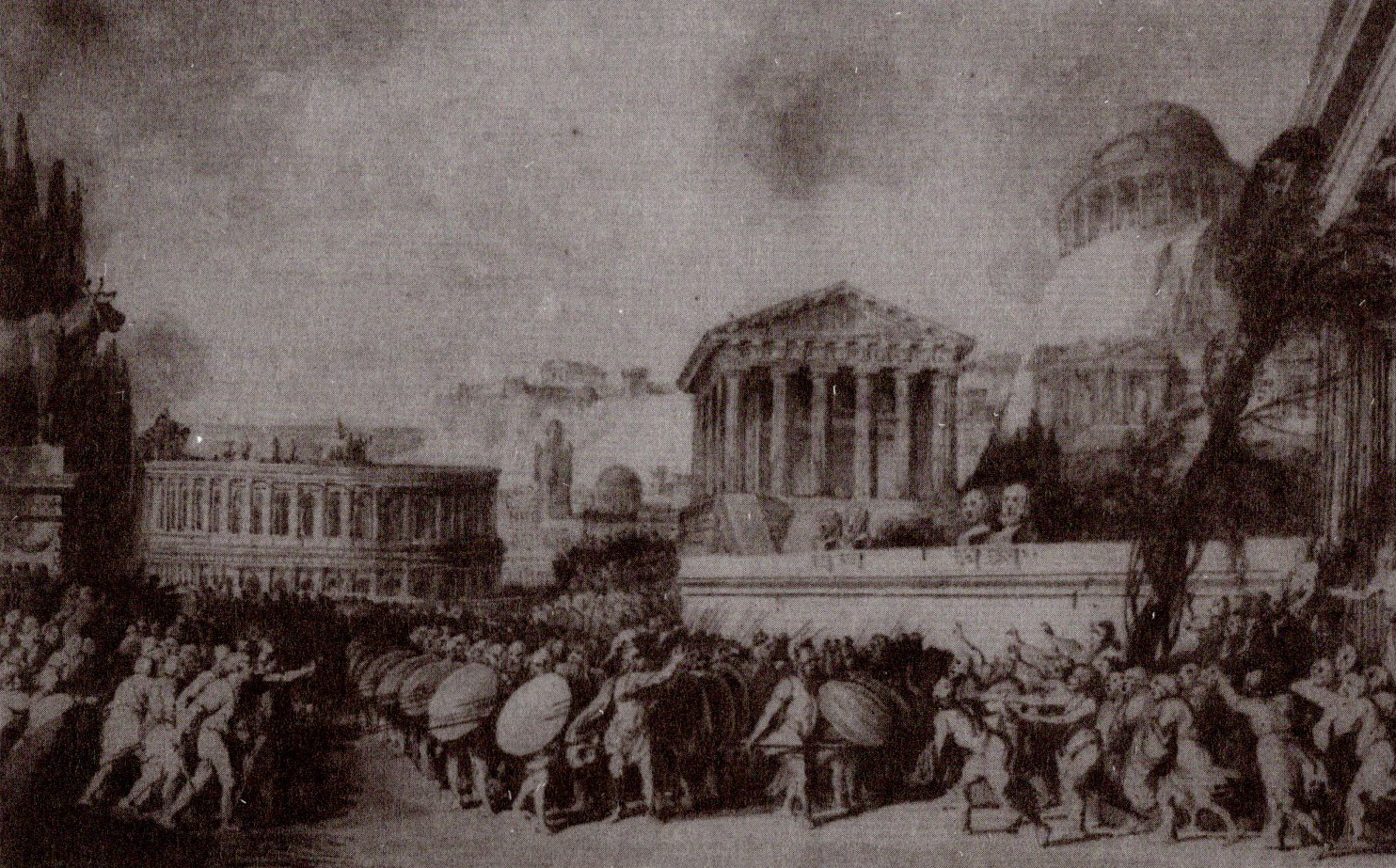 Бунт Геракліда супраць тыраніі Дзіянісія ў г. Сіракузы (1788). Крыніца ілюстрацыі: Асобы і вобразы : беларуская графіка XIX стагоддзя / У. І. Рынкевіч. – Мінск, 2019. – С. 38.