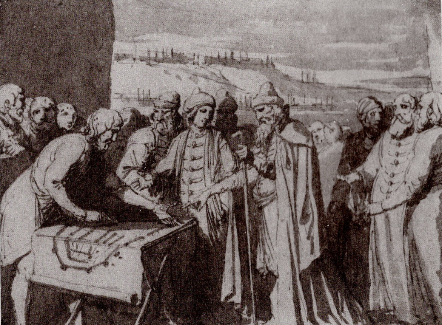 Ягела раіцца са старэйшынамі адносна плана горада (1784). Крыніца ілюстрацыі: Асобы і вобразы : беларуская графіка XIX стагоддзя / У. І. Рынкевіч. – Мінск, 2019. – С. 39.