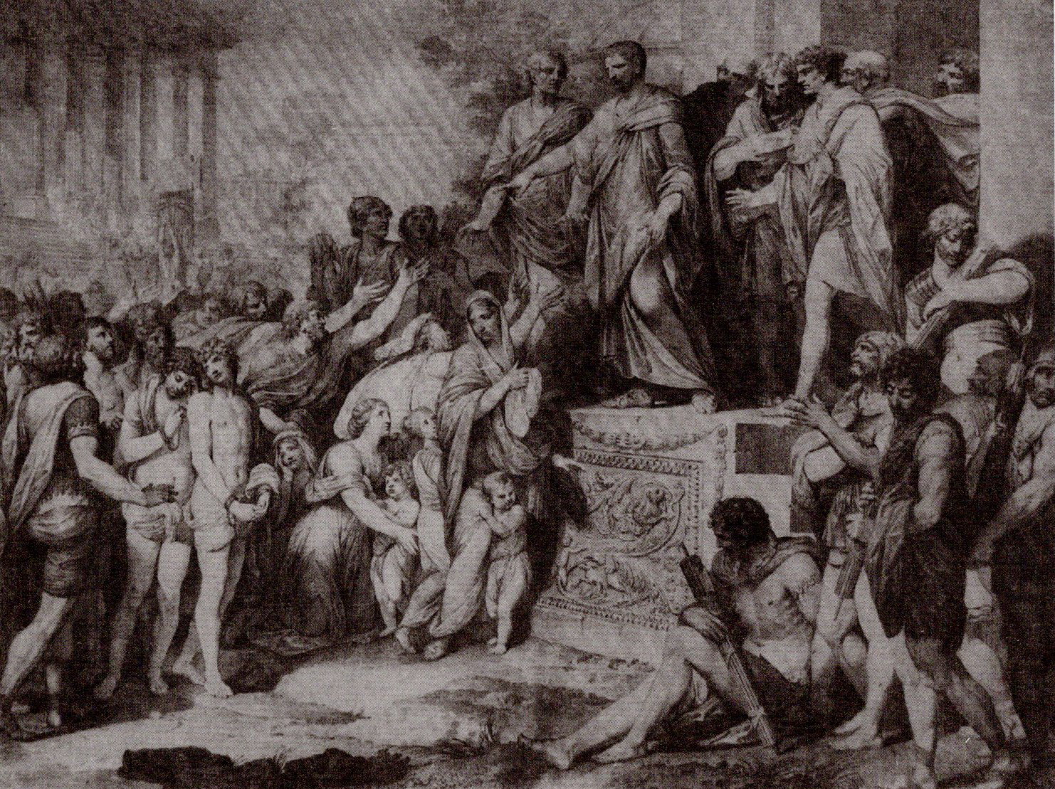 Брутуш, які судзіць сваіх сыноў (1785). Крыніца ілюстрацыі: Асобы і вобразы : беларуская графіка XIX стагоддзя / У. І. Рынкевіч. – Мінск, 2019. – С. 40.