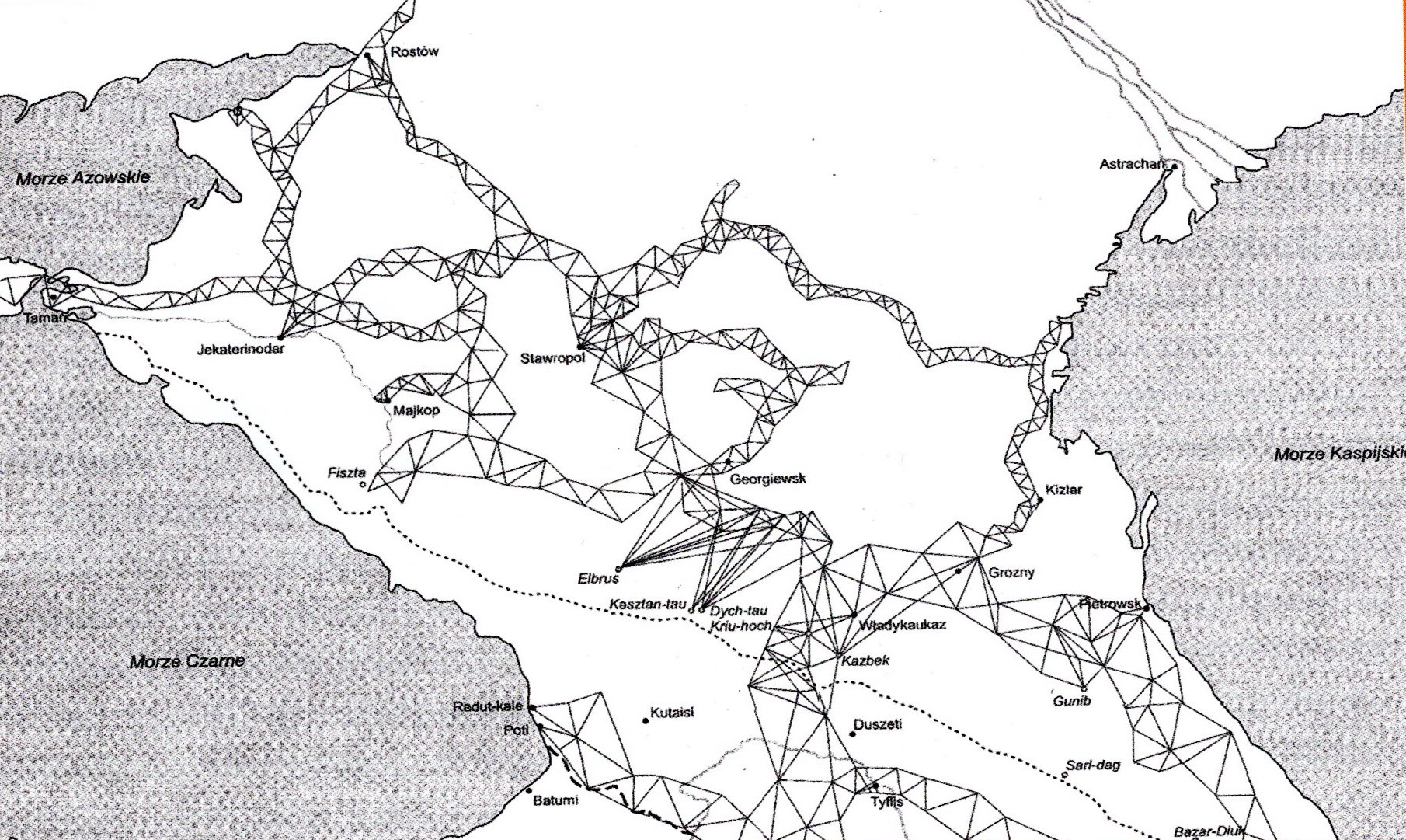 Схема триангуляции Северного Кавказа. Источник иллюстрации: Иосиф Ходзько. Генерал, геодезист, человек / Владимир Мкртычян. – Минск, 2020. – С. 168.