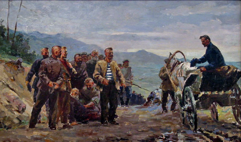П. Пагодзін. Сустрэча А. П. Чэхава з палітвязнямі на Сахаліне. 1960. Крыніца ілюстрацыі: https://art.brest.by/