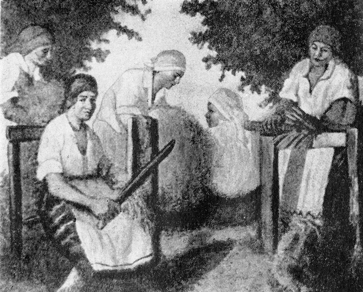 Апрацоўка лёну (1928). Крыніца ілюстрацыі: Міхась Філіповіч / В. Шматаў ; [рэдактар А. С. Яскевіч ; Акадэмія навук Беларускай ССР, Інстытут мастацтвазнаўства, этнаграфіі і фальклору]. – Мінск, 1971. – С. 72.