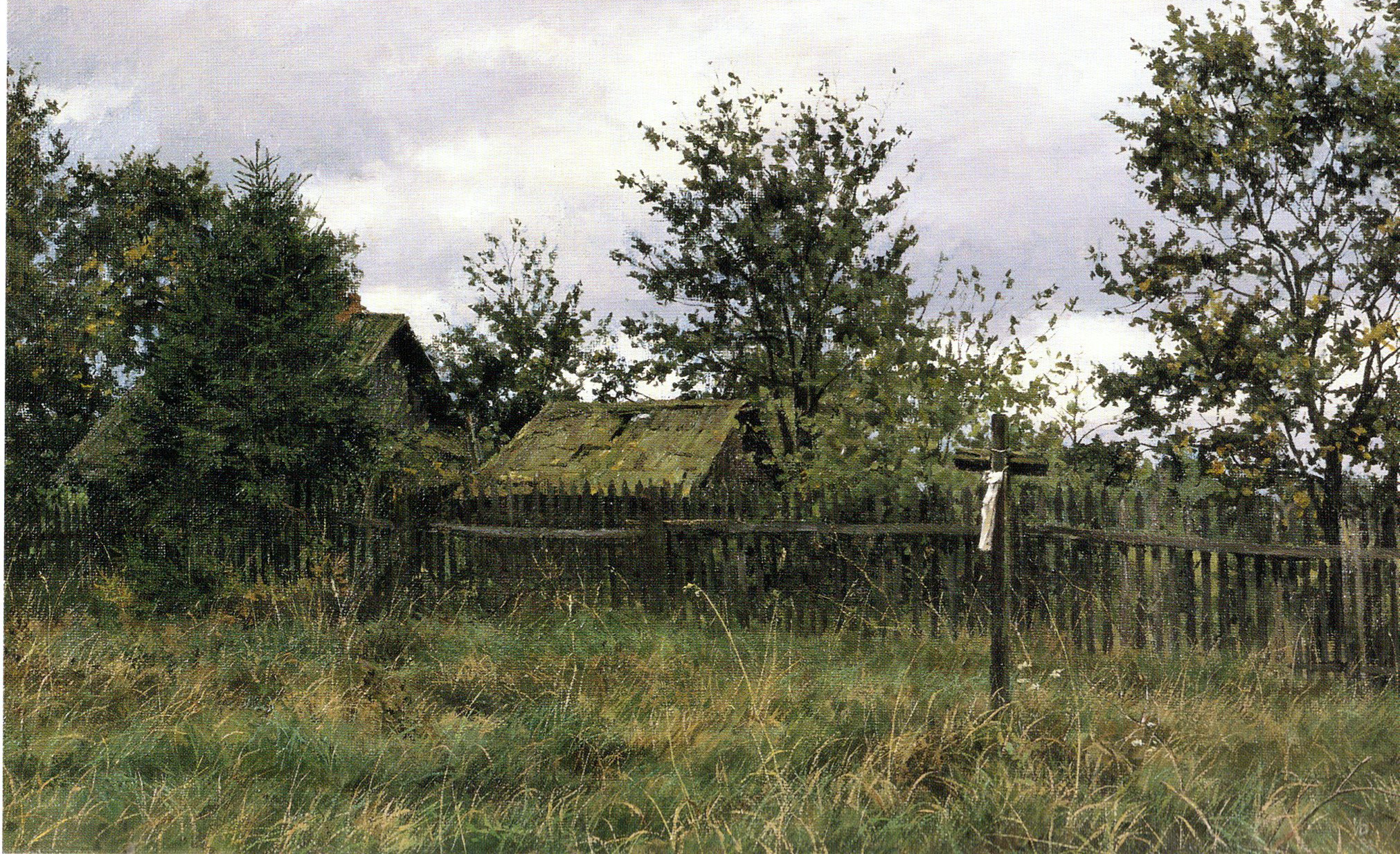 Забытый крест (1992). Источник иллюстрации: Игорь Бархатков = Igor Barkhatkov : живопись : [альбом / автор вступительной статьи Л. Н. Миронова]. – [Минск], 2003. – С. 47.
