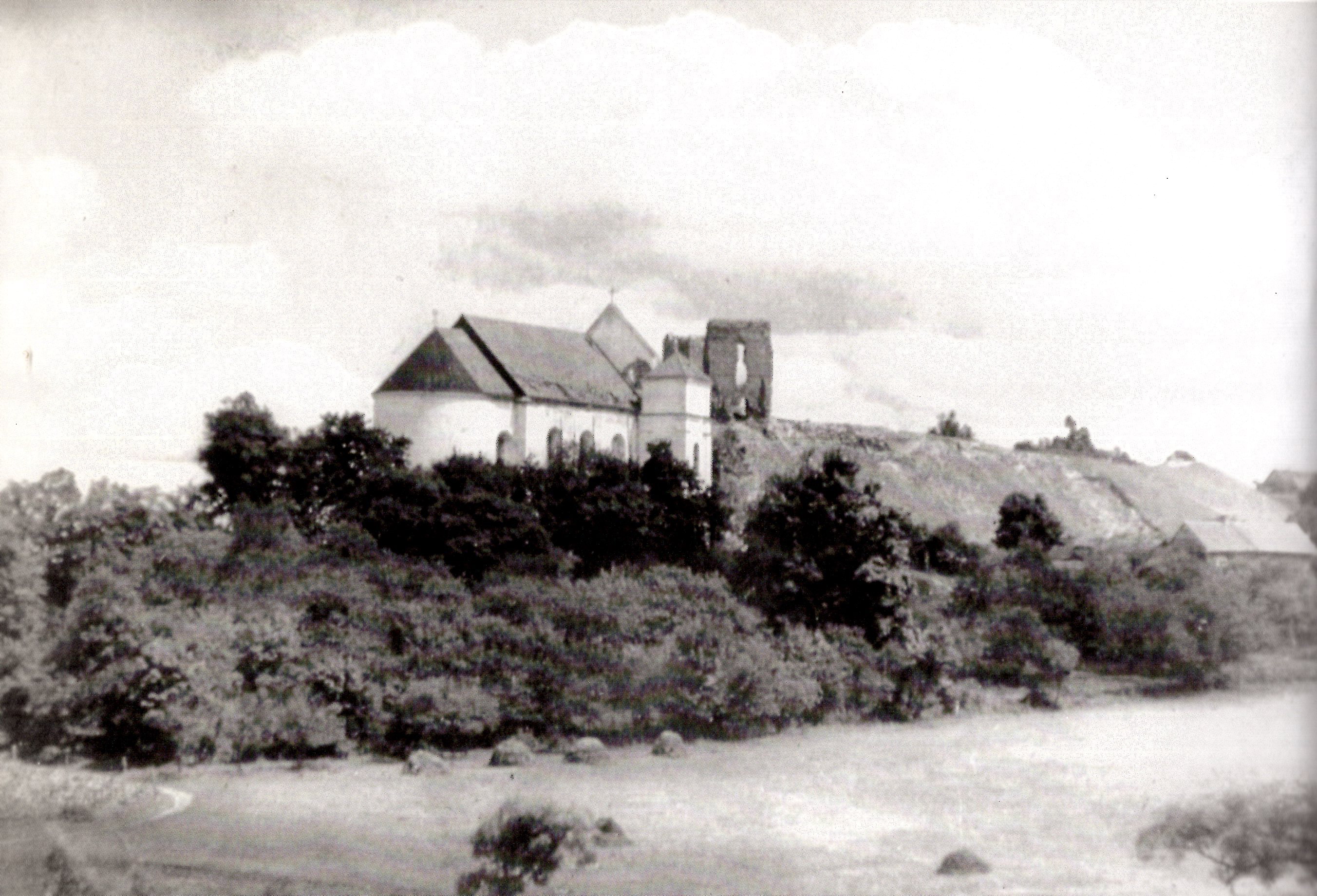 Навагрудак. Фарны касцёл, пабудаваны ў XVIII ст., і руіны замка (1924). Крыніца ілюстрацыі: Край дзіцячых гадоў / Ян Булгак ; [укладальнік, перакладчык з польскай мовы і аўтар уступнага артыкула Т. Г. Вяршыцкая ; пераклад вершаў з польскай мовы С. І. Законнікава ; аўтар каментарыяў, подпісаў да фотаздымкаў, бібліяграфіі і артыкула пра жыццё і творчасць Я. Булгака І. Б. Кухарская]. – Мінск, 2004. – С. 22.