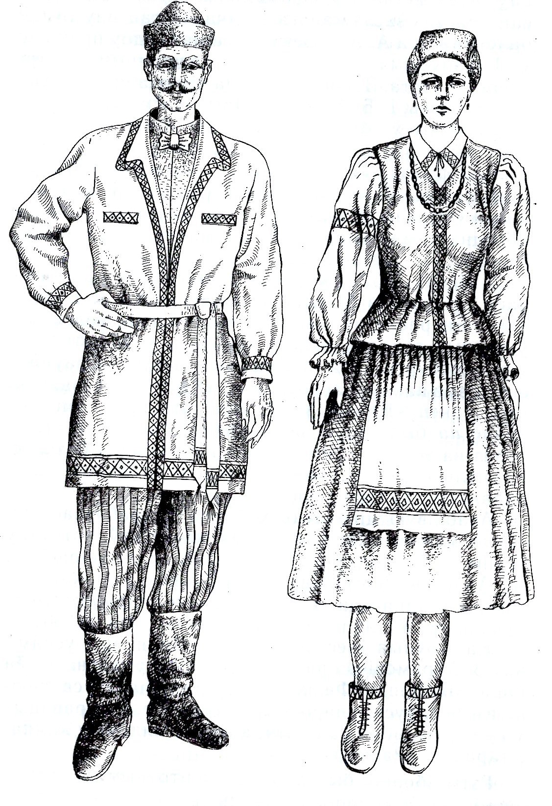 Мужчынскі і жаночы касцюм артыстаў трупы І. Буйніцкага. Крыніца ілюстрацыі: Ігнат Буйніцкі – бацька беларускага тэатра : вачыма сучаснікаў і ў памяці нашчадкаў / У. І. Няфёд ; [рэдактар А. В. Сабалеўскі] ; Акадэмія навук Беларускай ССР, Інстытут мастацтвазнаўства, этнаграфіі і фальклору. – Мінск, 1991. – С. 60.