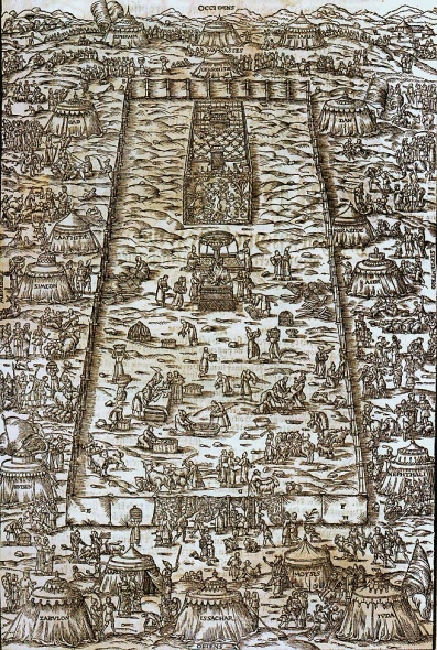 Ілюстрацыя да Брэсцкай Бібліі. Лагер іудзеяў. Крыніца ілюстрацыі: Гісторыя беларускай кнігі : кніжная культура Вялікага Княства Літоўскага : у 2 т. / М. В. Нікалаеў. – Мінск, 2009. – Т. 1. – С. 174.