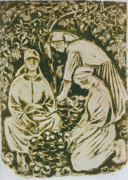 А. Последович "Лето урожайное" (Серия "Люди колхозной деревни", 1970). Источник иллюстрации: Александра Последович : графика : альбом / О. Воронова. – Москва : Советский художник, 1984. – C. 43.