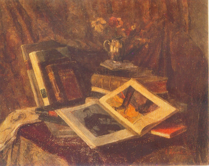 Я.Я. Красоўскі "Кнігі" (1945). Крыніца ілюстрацыі: Яўгеній Красоўскі : Жывапіс. Графіка. Экслібрыс / Э. В. Арава. – Минск : Беларусь, 1983. – С. 12.