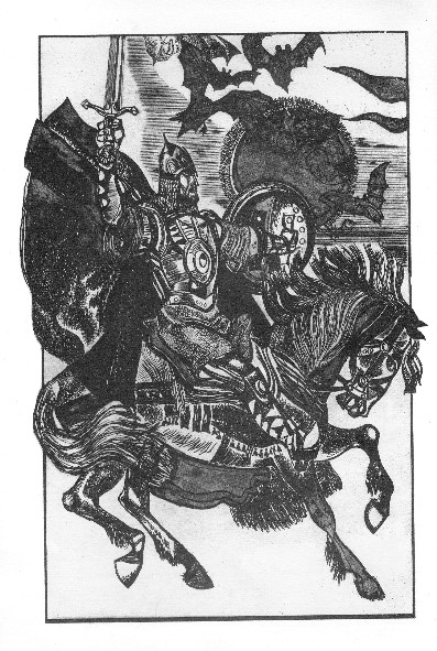 Г.Г. Паплаўскі. Ілюстрацыя да "Слова аб палку Ігаравым". Крыніца ілюстрацыі: Слова аб палку Ігаравым : [для старэйшага школьнага ўзросту] / пераклад на беларускую мову Янкі Купалы ; [мастак Г. Г. Паплаўскі]. – Мінск : Юнацтва, 1984. – С. 2.