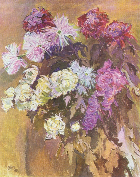 Раздзялоўская Я.І. "Хрызантэмы" (1968). Крыніца ілюстрацыі: Нацюрморт = Натюрморт : творы беларускіх жывапісцаў : [Альбом / аўтар уступнага тэксту і складальнік П. М. Герасімовіч. – Мінск : Беларусь, 1982. – 187 с.