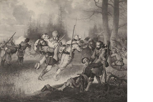 М. Э. Андрыёлі. Смерць Людвіка Нарбута каля Дубічаў. 1860–я гг. Крыніца ілюстрацыі: Чаропка В. Міхал Андрыёлі : беларускі мастак з Вільні / Вітаўт Чаропка. – Мінск, [2012]. – С. 21.